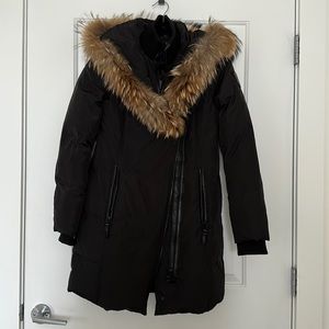 Black puffy coat with fur hood